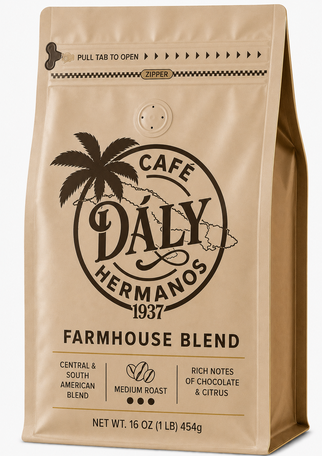 Organic Medium Roast Dály Hermanos Coffee Farmhouse Blend with subtle notes of chocolate and citrus