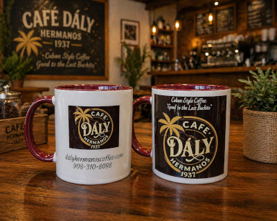Dály Hermanos Coffee Ceramic Mug Premium 11oz. Color Inner &amp; Handle Ceramic Mug in white with a rich maroon interior