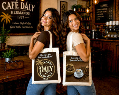 Dály Hermanos Coffee Custom Dual Logo Tote Bag – 15" x 15" (38cm x 38cm) Linen Poly Tote with Huge 5" Gusset